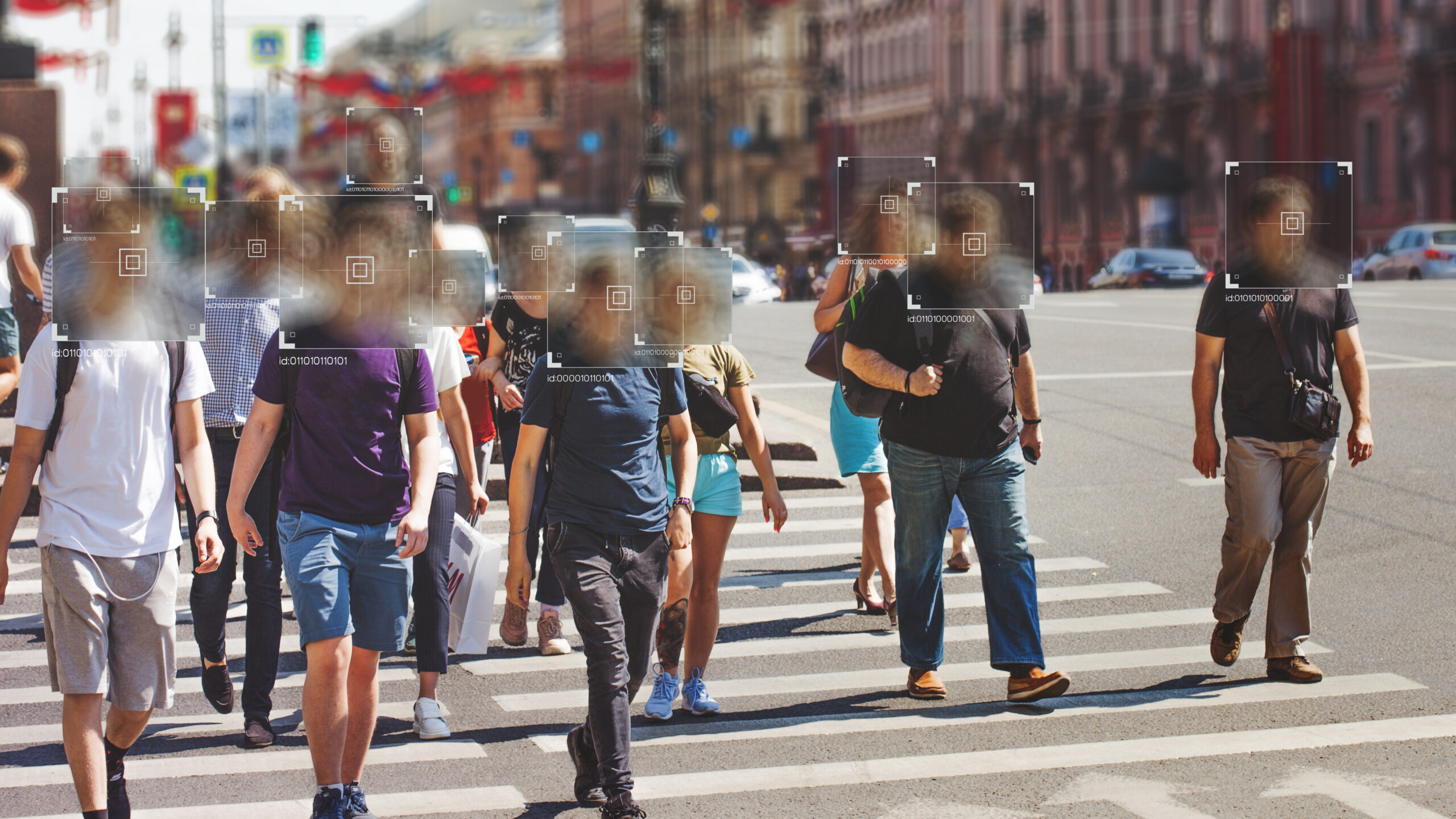 Face recognition and personal identification technologies in street surveillance cameras, law enforcement control.